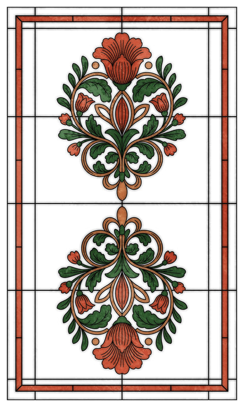 Art Nouveau Floral Stained Glass Window Film – Orange & Green Privacy Film