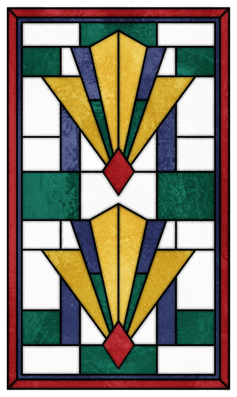 Art Deco Stained Glass Window Film – Green, Gold & Red Geometric Privacy Film