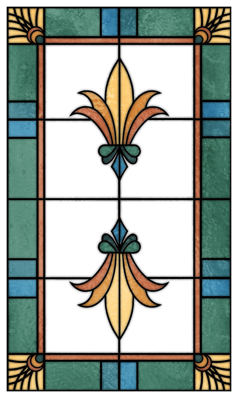 Art Deco Stained Glass Window Film – Green, Teal & Gold Floral Privacy Film