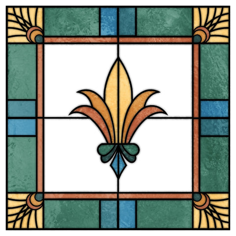 Art Deco Stained Glass Window Film – Green, Teal & Gold Floral Privacy Film