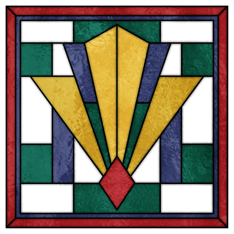 Art Deco Stained Glass Window Film – Green, Gold & Red Geometric Privacy Film