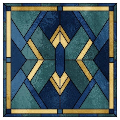 Art Deco Stained Glass Window Film – Blue, Teal & Gold Geometric Privacy Film