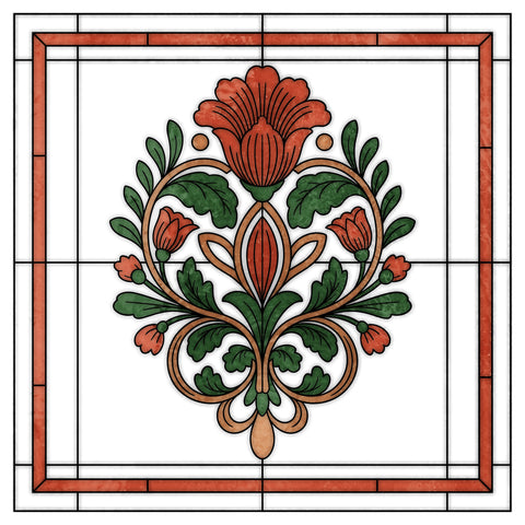 Art Nouveau Floral Stained Glass Window Film – Orange & Green Privacy Film