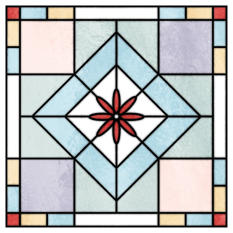 Contemporary Stained Glass Window Film – Frosted Geometric Privacy Film with Red Floral Detail